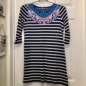 Navy Stripe “Bay” Long Sleeve Dress in “Tropical Island Medallion” Girls Size XL